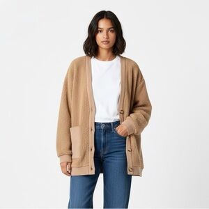 Aaron & Amber Cotton Sherpa Button Front Jacket / Cardigan Patch Pockets US Sz L